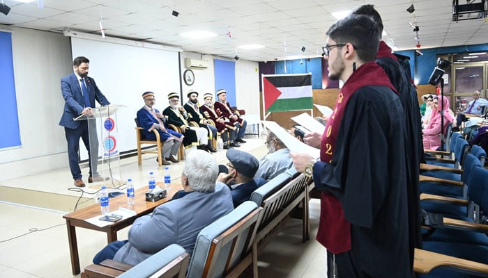 The image shows a glimpse from a graduation and award distribution ceremony of the Shifa College of Medicine, Shifa Tameer-e-Millat University (STMU), on  May 4, 2026. — Facebook@stmu.edu.pk