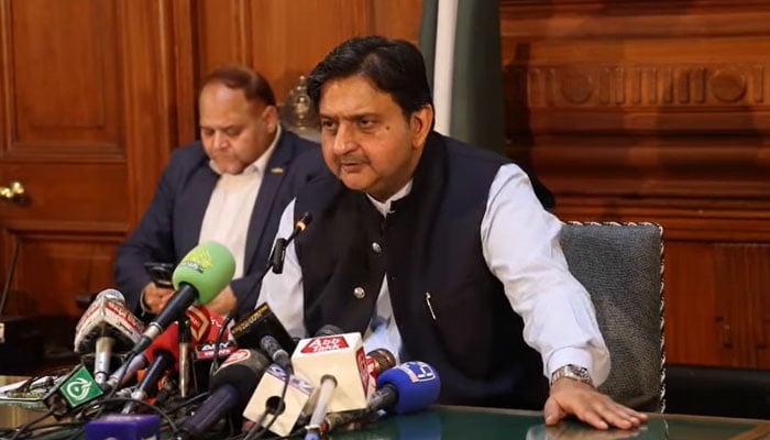 Punjab Assembly Speaker Malik Muhammad Ahmad Khan  addressing a press conference on May 5, 2026. — Facebook@ProvincialAssemblyofPunjab/Screengrab
