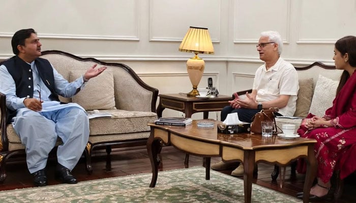 Punjab Assembly Speaker Malik Muhammad Ahmed Khan is seen in a meeting with Freedom Network Executive Director Iqbal Khattak on May 5, 2026. — Facebook@FreedomN