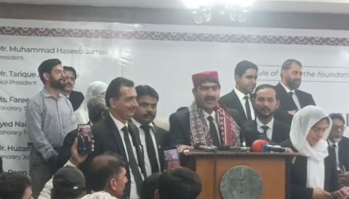 ILFs provincial president, Advocate Ali Zaman addressing an event on May 5, 2026. — Facebook@ILF Insaf Lawyers Forum Khyber Pakhtunkhwa Official/Screengrab