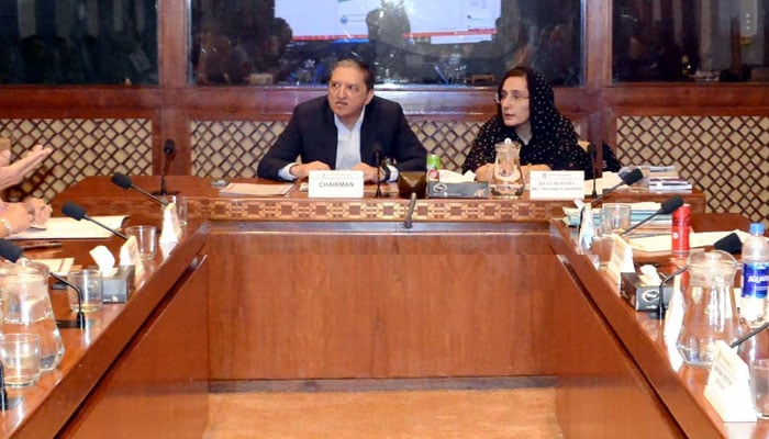 Senator Saleem Mandvi Walla, Chairman Senate Standing Committee on Finance and Revenue presiding over a meeting of the committee at Parliament House Islamabad.—Senate website/File