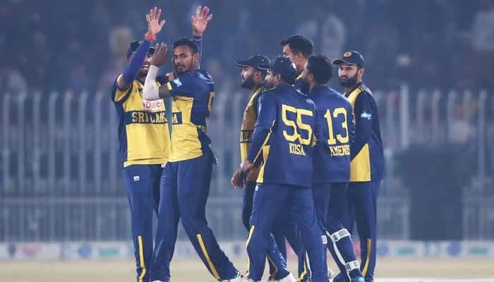 Sri Lanka players celebrate a wicket during their T20I tri-series game against Pakistan at the Rawalpindi Cricket Stadium, November 27, 2025. — PCB