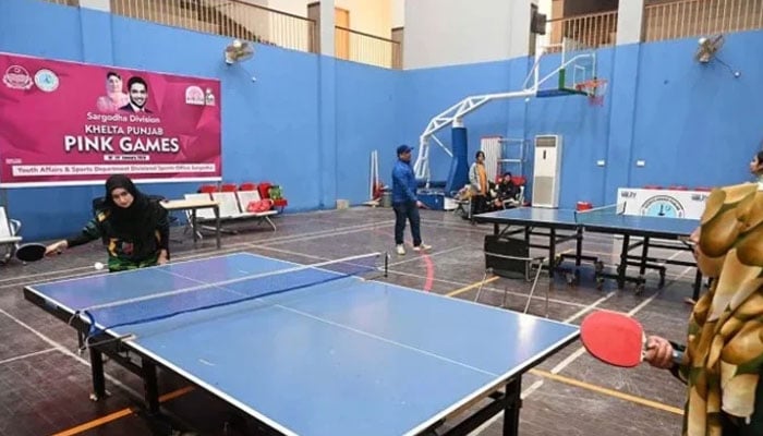 Students participate in table tennis trials during the “Khelta Punjab Pink Games Trials” held at the sports gymnasium. — APP/File