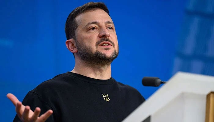 Ukraines president Volodymyr Zelensky gives a press conference on the sidelines of the European Council Summit in Brussels, Belgium, on 17 October 2024. — AFP