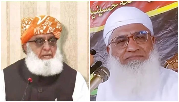 This collage shows Jamiat Ulema-e-Islam F chief Maulana Fazlur Rehman (left) and Shaheed Shaikh-ul-Hadis Maulana Muhammad Idrees. —  Screengrab via GeoNews/YouTube@qariadilofficial6868/File