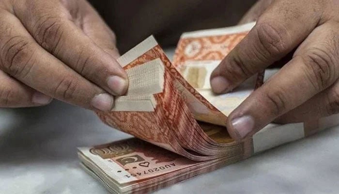 This image shows a person counting Pakistan currency notes. — AFP/File