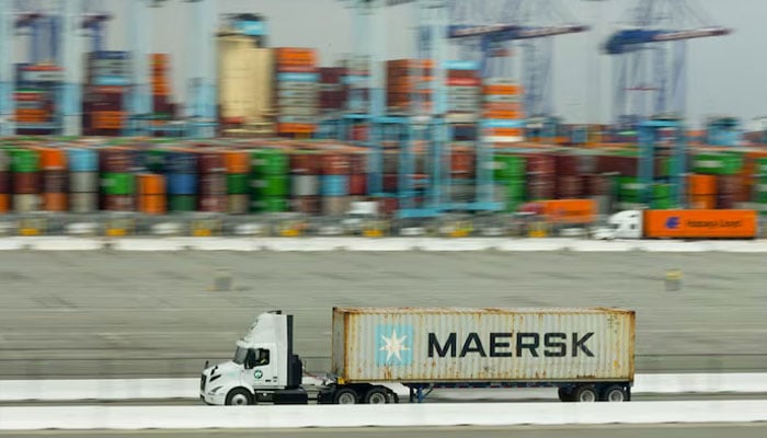 A truck transports a Maersk container at APM Terminals at the Port of Los Angeles, California, US, March 4, 2026.—Reuters
