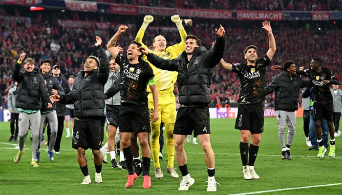 Paris St Germains Desire Doue, Marquinhos, Matvey Safonov and Fabian Ruiz celebrate after reaching the UEFA Champions League final. —Reuters