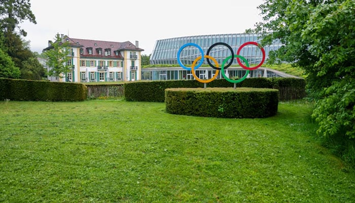 Olympic rings in front of the International Olympic Committee (IOC), during an Executive Board meeting at the Olympic House in Lausanne, Switzerland, May 6, 2026.—Reuters