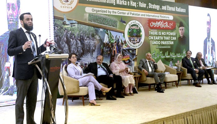 Federal Minister for Information and Broadcasting Attaullah Tarar addressing the seminar ‘Commemorating Marka e Haq: Valor, Strategy and Eternal Radiance’ organized by the Center of Pakistan and International Relations on May 7, 2026. — APP