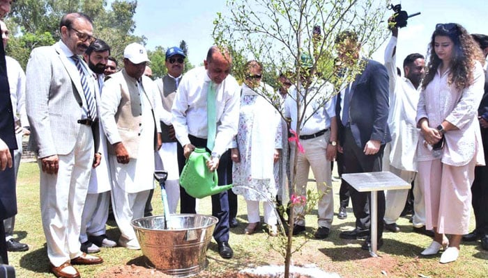Federal Minister for Climate Change and Environmental Coordination, Dr Musadik Malik, participates in a plantation drive under the Clean and Green Islamabad Initiative on May 7, 2026. — APP