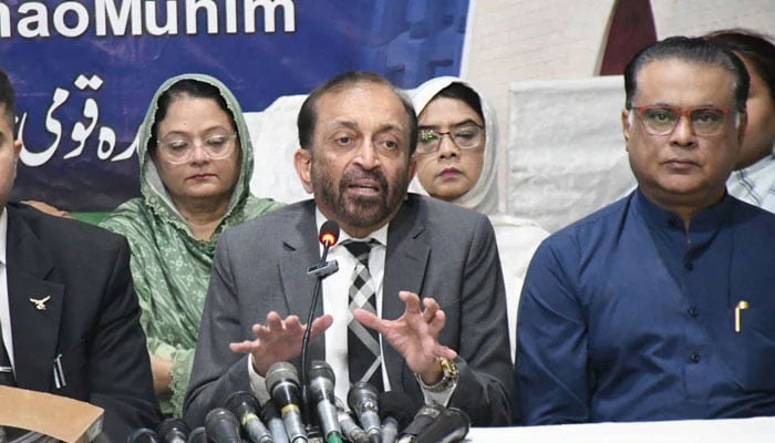Dr Farooq Sattar, MNA and senior leader of the Muttahida Quami Movement-Pakistan (MQM-P), speaks at a press conference at the party’s Bahadurabad headquarters on February 23, 2026. — Facebook@AllAbout.MQM
