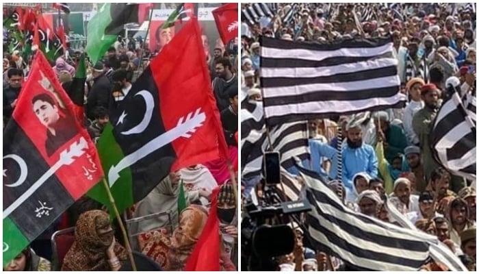 This collage shows the flags of the Pakistan People’s Party (left) and Jamiat Ulema-e-Islam. — AFP/Facebook@Jamiat Ulama-e-Islam Pakistan