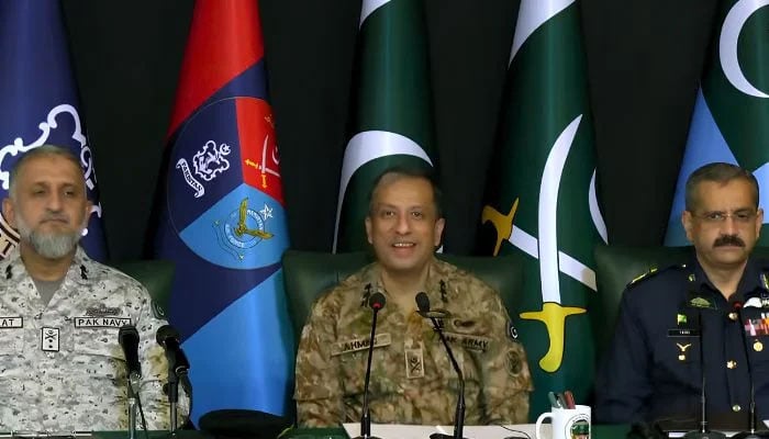 (From left) Rear Admiral Shifaat Ali Khan, ISPR DG Lieutenant General Ahmed Sharif Chaudhry and Air Vice Marshal Tariq Ghazi are addressing a press conference in Islamabad on May 7, 2026. — Screengrab via Geo News