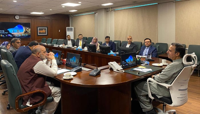 Minister for Maritime Affairs Muhammad Junaid Anwar Chaudhry in a meeting with a six-member delegation of leading terminal operators, headed by Eqan Ali Khan, CEO of FAP Terminal, at his office, on May 8, 2026. — PID