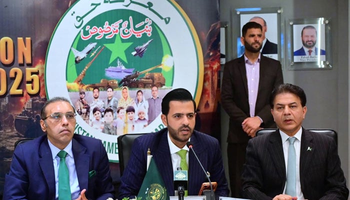 Federal Parliamentary Secretary for Information and Broadcasting, Barrister Danyal Chaudhry,  addressing the first commemorative ceremony of Marka-e-Haq 2025 at Rawalpindi Chamber of Commerce on May 8, 2026. — APP