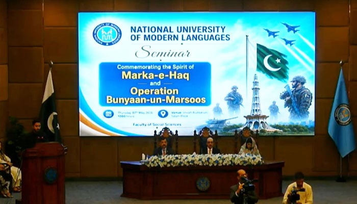 An image from a seminar to commemorate the spirit of Marka-e-Haq and Operation Bunyan-um-Marsoos, organised by the National University of Modern Languages (NUML) on May 8, 2026. — Screengrab via Facebook@NUMLOFFICIALPAGE