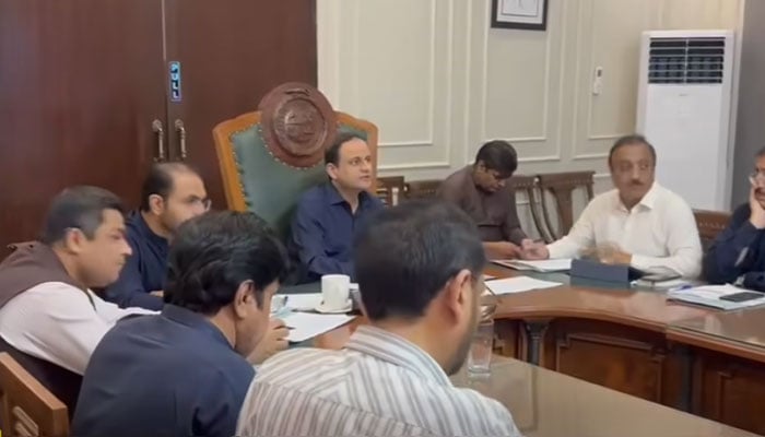 Mayor Karachi Barrister Murtaza Wahab chairs a meeting on May 8, 2026. — Screengrab via Facebook@KmcPakistan