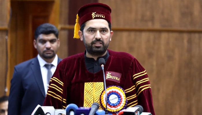 Chief Minister Muhammad Sohail Afridi addresses the Convocation 2026 of Khyber Girls Medical College (KGMC) on May 8, 2026. — Screengrab via Facebook@KPChiefMinister