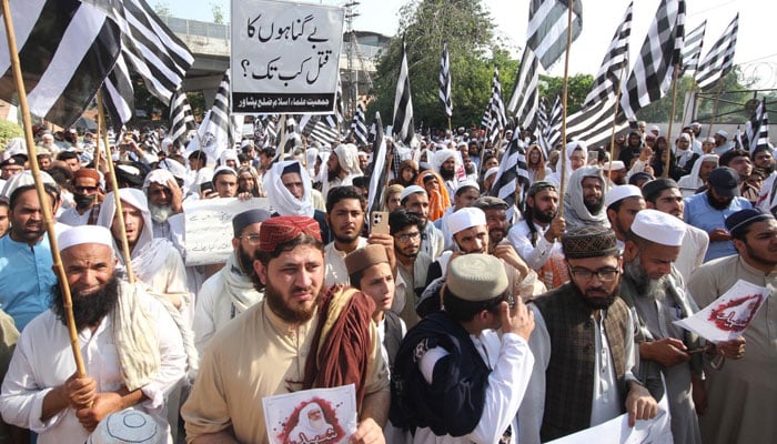 Activists of JUI hold a protest outside PPC on May 8, 2026. — INP