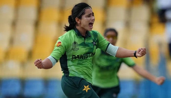 Fatima Sana of Pakistan celebrates after taking the wicket of Tazmin Brits (not pictured) during the ICC Womens Cricket World Cup India 2025 match against South Africa at R. Premadasa Stadium on October 21, 2025 in Colombo, Sri Lanka. —ICC