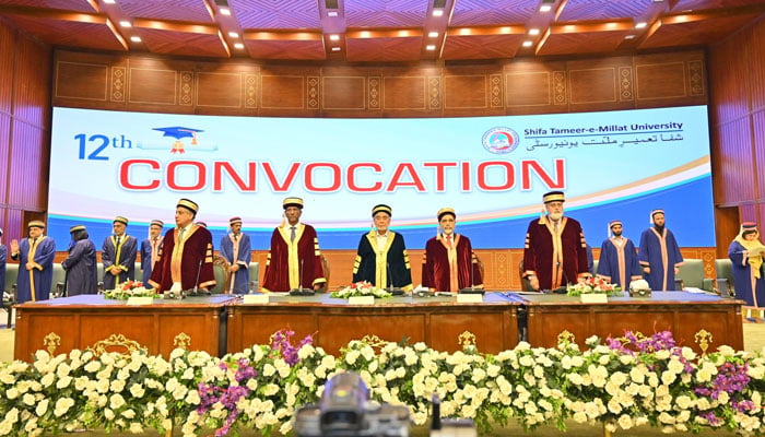 The image shows a glimpse from the 12th convocation of the Shifa Tameer-e-Millat University (STMU) at the Jinnah Convention Centre on May 9, 2026. — Facebook@stmu.edu.pk
