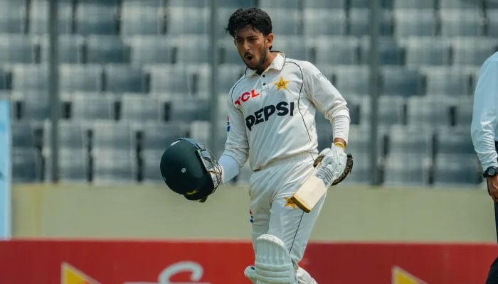 Pakistans Azan Awais celebrates scoring a century during the third day of their first Test against Bangladesh at the Sher-e-Bangla National Cricket Stadium in Mirpur on May 10, 2026. — X/@TheRealPCB
