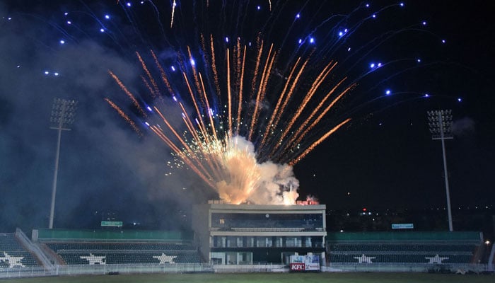 Fireworks illuminate the sky during the celebration ceremony, one-year commemoration of Marka-E-haq 2025, at Rawalpindi Cricket Stadium on May 10, 2026. — Online