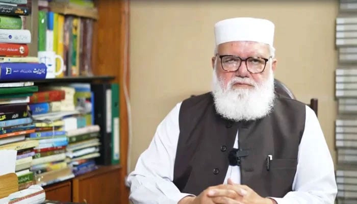 Jamaat-e-Islami Pakistan’s Deputy Chief Liaqat Baloch is seen speaking in this still from a video. — Jamaat-e-Islami/File