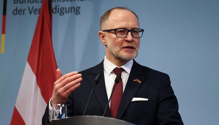 Latvias Defence Minister Andris Spruds speaks during a press conference with German Defence Minister Boris Pistorius, in Berlin, Germany, March 16, 2026. —Reuters