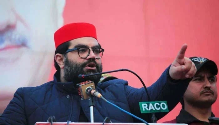 Central President of the Awami National Party (ANP) Aimal Wali Khan addresses party workers on December 3, 2023. — Facebook@Aimal Wali Khan