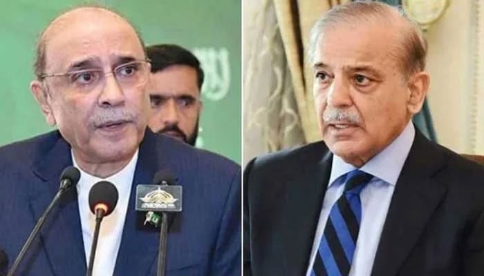 A collage showing President Asif Ali Zardari (left) and PM Shehbaz Sharif. — APP/Geo News/File