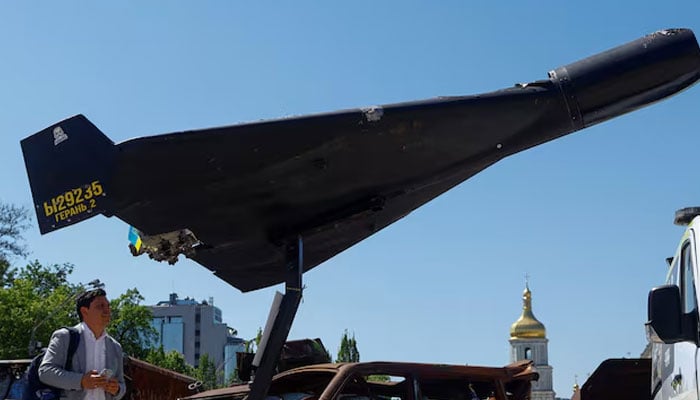 A resident looks at a Russian-Iranian Shahed-136 (Geran-2) kamikaze drone installed in front of Saint Michaels Cathedral as a part of an exhibition displaying destroyed Russian military vehicles and weapons, amid Russias attack on Ukraine, in Kyiv, Ukraine May 6, 2026.—Reuters