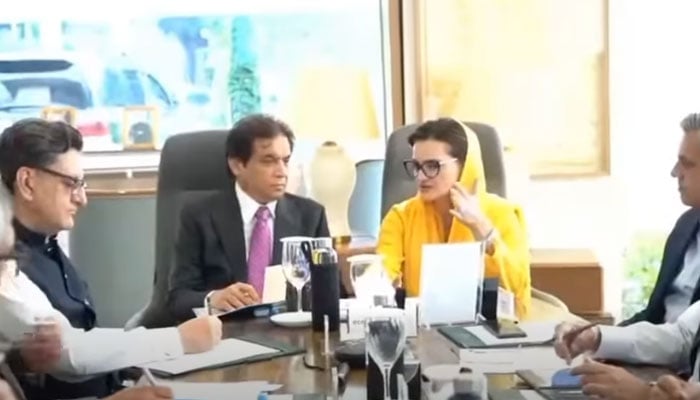 Punjab Senior Minister Marriyum Aurangzeb, in a meeting with Federal Minister for Railways Hanif Abbasi on May 11, 2026. — Screengrab via Facebook@MarriyumAurangzebPMLN