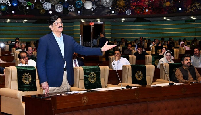 Sindh Chief Minister Syed Murad Ali Shah presents and speaks on a resolution in the Sindh Assembly marking the first anniversary of Operation “Marka-e-Haq,” paying tribute to the martyrs and the armed forces of Pakistan for their courage and sacrifices on May 11, 2026. — Facebook@SindhCMHouse