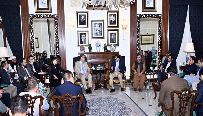 Syed Murad Ali Shah meets with a 32-member high-powered delegation of IBI (Beijing United Information Technology Co., Ltd.) and Chinese business leaders at CM House Karachi on May 11, 2026. — Facebook@SindhCMHouse