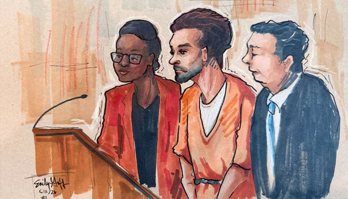 Defense Attorneys Tezira Abe and Eugene Ohm flank Cole Allen, a suspect in the White House Correspondents Association (WHCA) dinner shooting, as he sits in the courtroom during a plea hearing after being charged with attempting to assassinate US President Donald Trump, in Washington DC, US, May 11, 2026, in this courtroom sketch.—Reuters