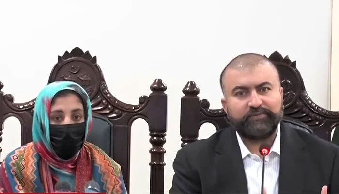 Balochistan Chief Minister Sarfraz Bugti, along with a suspected female suicide bomber, addresses a press conference in Quetta on May 11, 2026. — Screengrab via Geo News