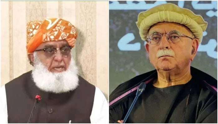 Jamiat Ulema-e-Islam-Fazl (JUI-F) chief Maulana Fazlur Rehman and TTAP chief and NA Opposition Leader Mahmood Khan Achakzai. — Screengrab via GeoNews/X@MKAchakzaiPKMAP/File