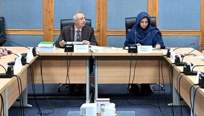Senator Shahadat Awan, Chairman Senate Standing Committee on Railways presiding over a meeting of the Committee at Parliament Lodges Islamabad. —Senate website/File