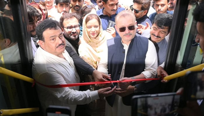 Senior Minister for Information, Transport and Mass Transit, Sharjeel Inam Memon, inaugurates two new routes of the Peoples Bus Service in Khairpur Mirs on May 12, 2026. — Facebook@rawalsharjeelmemonSIM