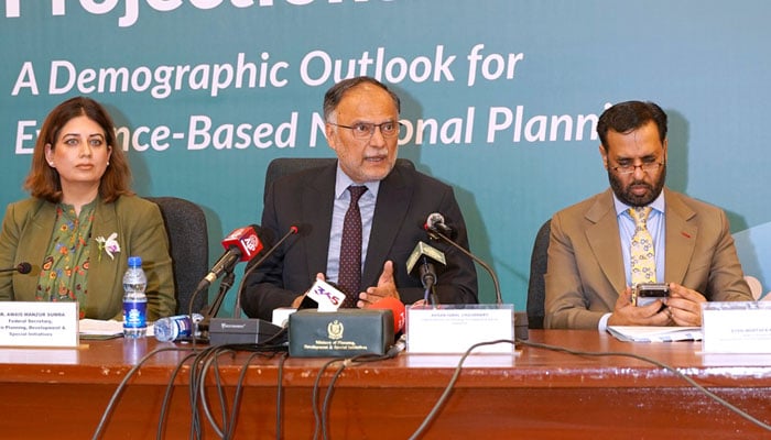 Federal Minister for Planning, Development & Special Initiatives Ahsan Iqbal at the launching ceremony of Pakistan Population Projections 2023-2050 on May 12, 2026. — APP