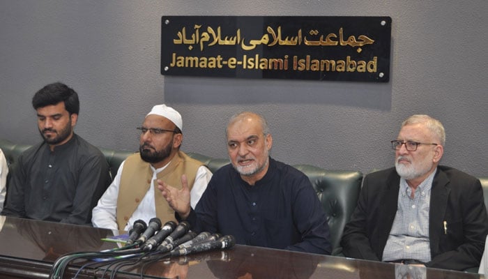 Jamaat-e-Islami (JI) chief Hafiz Naeemur Rehman addresses a press conference in Islamabad on May 12, 2026. — Facebook@HafizNaeemRehman