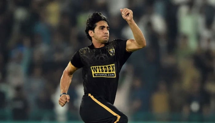 Pacer Hunain Shah celebrates after registering win for Hyderabad Kingsmen during the Eliminator Two Pakistan Super League (PSL) match against Islamabad United at Gaddafi Stadium in Lahore, Pakistan, on May 01, 2026. — AFP