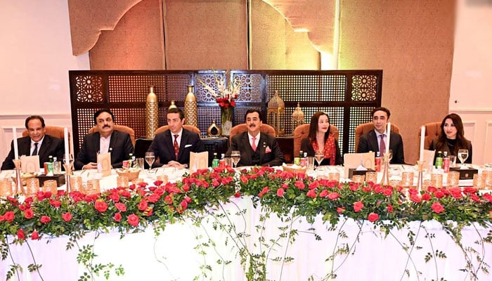 Chairman Senate of Pakistan Yousaf Raza Gillani, PPP Chairman Bilawal Bhutto Zardari, Deputy Chairman Senate Syedaal Khan and others during a reception hosted in honour of HH Prince Edouard de Ligne La Tremoille and Princess Isabella Orsini de Ligne La Tremoille of Belgium on May 13, 2026. — NNI