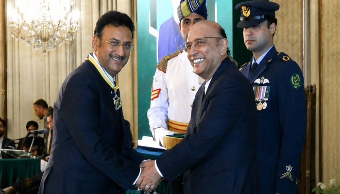 President Asif Ali Zardari confers the Sitara-e-Imtiaz upon Sindh Home Minister Zia-ul-Hassan Lanjar at an investiture ceremony held at Aiwan-e-Sadr, in the Federal Capital on May 13, 2026. — Screengrab via Facebook@Minister for Home and Law Sindh