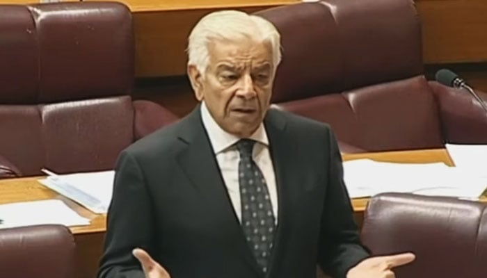 Defence Minister Khawaja Asif addressing the National Assembly in Islamabad, on May 13, 2026. — Geo News