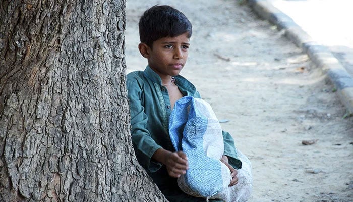 A young boy collects recycling items from road sides in Islamabad to sell for earning daily wages, on June 11, 2022. — Online