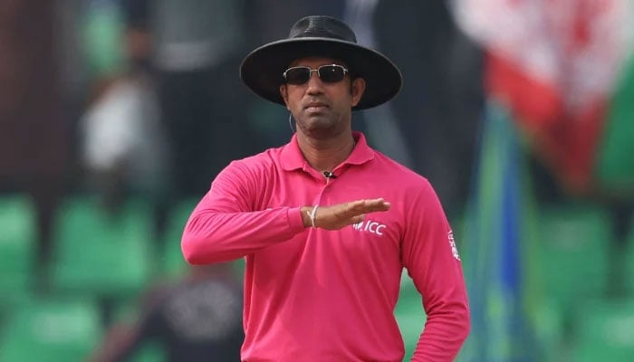 Umpire Kumar Dharmasena pictured during the ICC Champions Trophy 2025 match between Afghanistan and Australia at Gaddafi Stadium on February 28, 2025 in Lahore, Pakistan. — ICC
