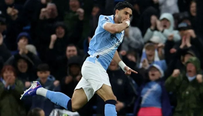 Manchester City forward Omar Marmoush celebrates scoring against Crystal Palace at the Etihad Stadium. —AFP